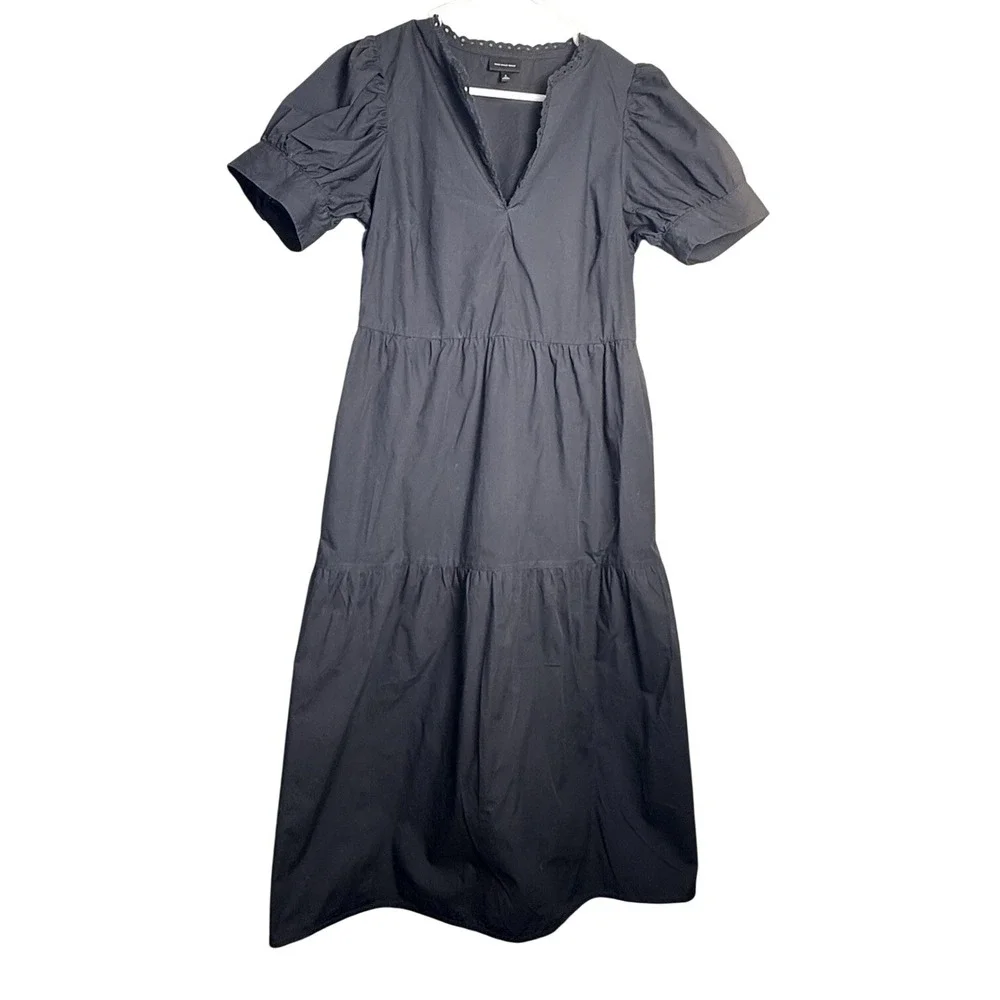 WHO WHAT WEAR Black Tiered Dress Cotton Pockets Puff Sleeve Crochet Neck SMALL - Picture 1 of 6